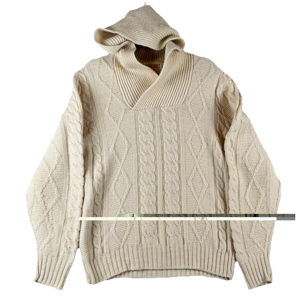 Vintage Lord Jeff Hooded Cable Knit Sweater USA Made Size Large Cream